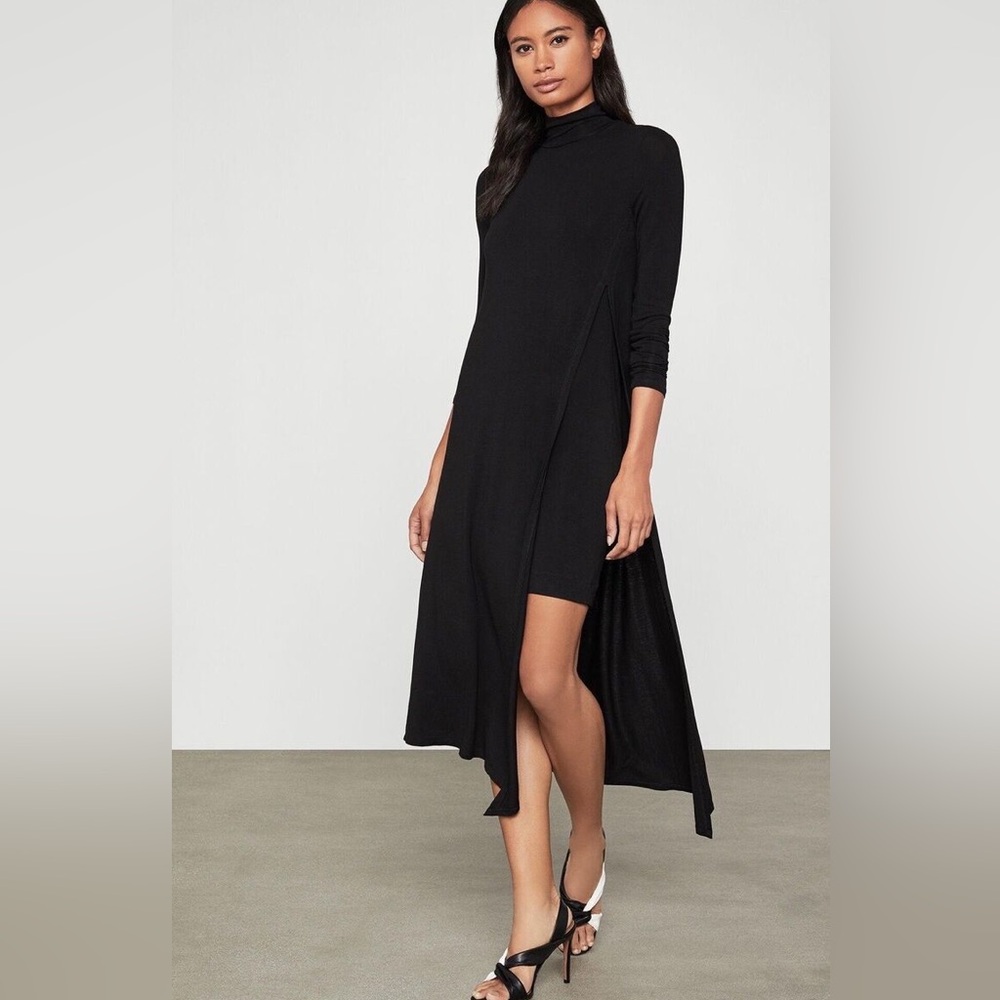 BCBGMAXAZRIA Kabrina Turtleneck Asymmetric Hem Dress Black Knit - Size Small